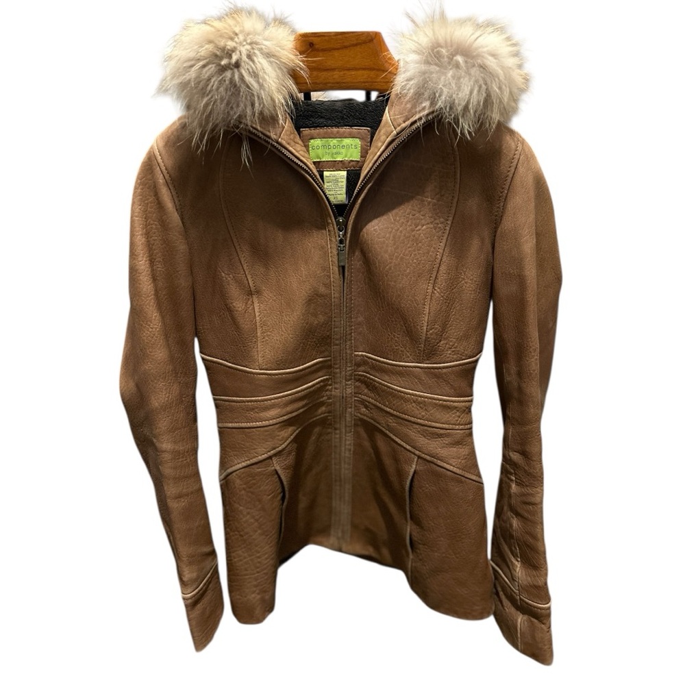Corset Style Leather Jacket with Real Fur Collar | 90s Y2K | Camel Colour XS